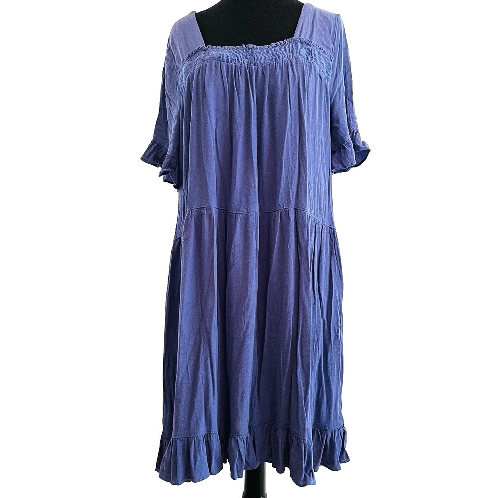 Ces Femme Blue Midi Dress Large Smocking Ruffles Boho‎ Country Travel